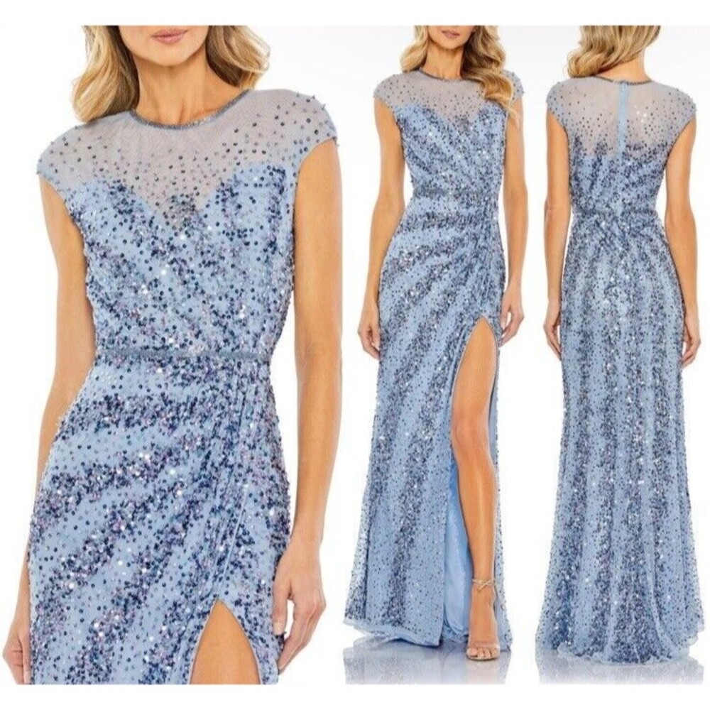 $498 Mac Duggal Size 14 Embellished Illusion High Neck Gown French Blue